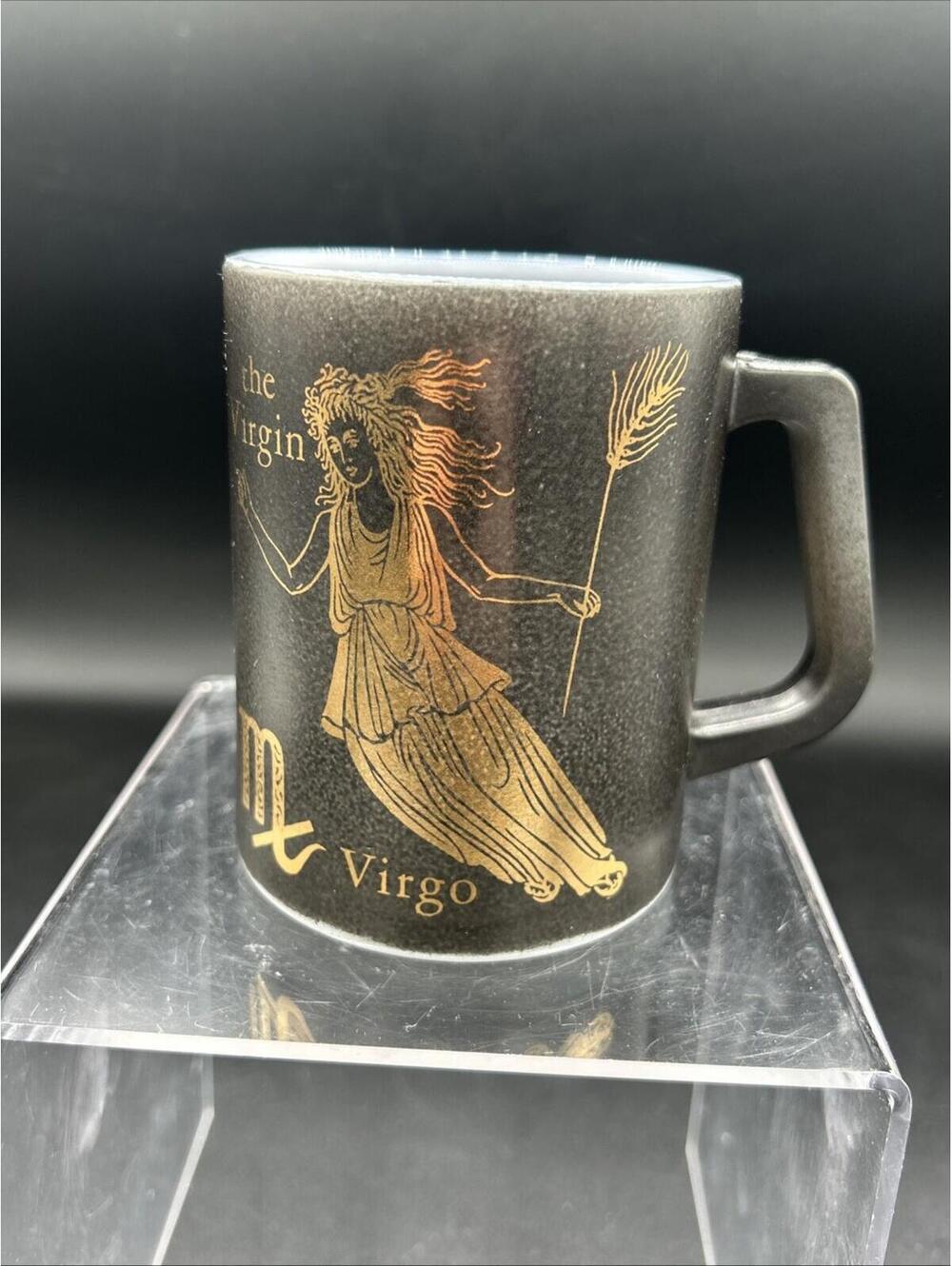 Vintage Virgo Federal Glass Zodiac Mug Black & Gold Over Milk Glass Astrology